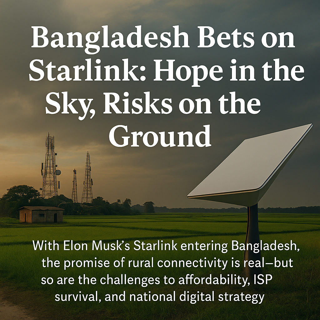 Starlink satellite dish in rural Bangladesh with text overlay